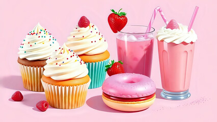 3D dessert clipart set: cupcakes with sprinkles, whipped cream donuts, pastel macarons, strawberry milkshake