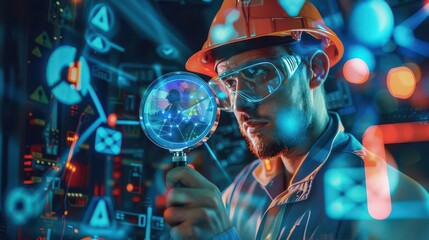 Man in hard hat examining digital interface with magnifying glass in futuristic environment setting