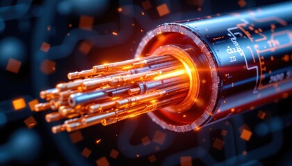 Fototapeta premium close up cross sectional view of fiber optic cable showing central glass core, cladding layers reflecting light, strength fibers, and protective outer jacket, tech blueprint style.
