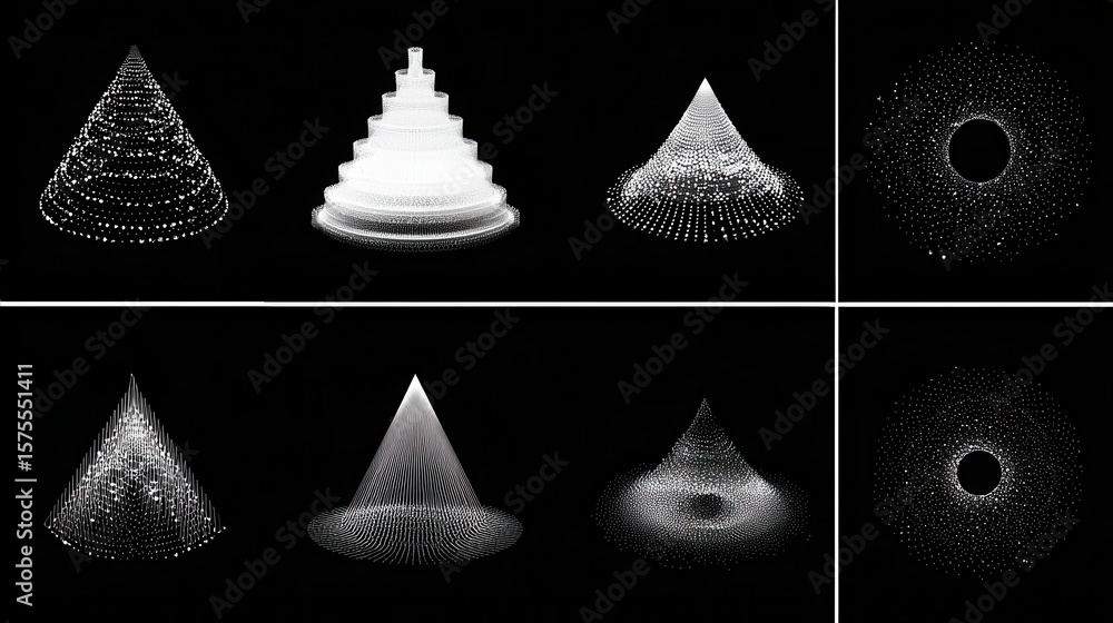 Aufkleber abstract shapes of cones and circles composed of particles.