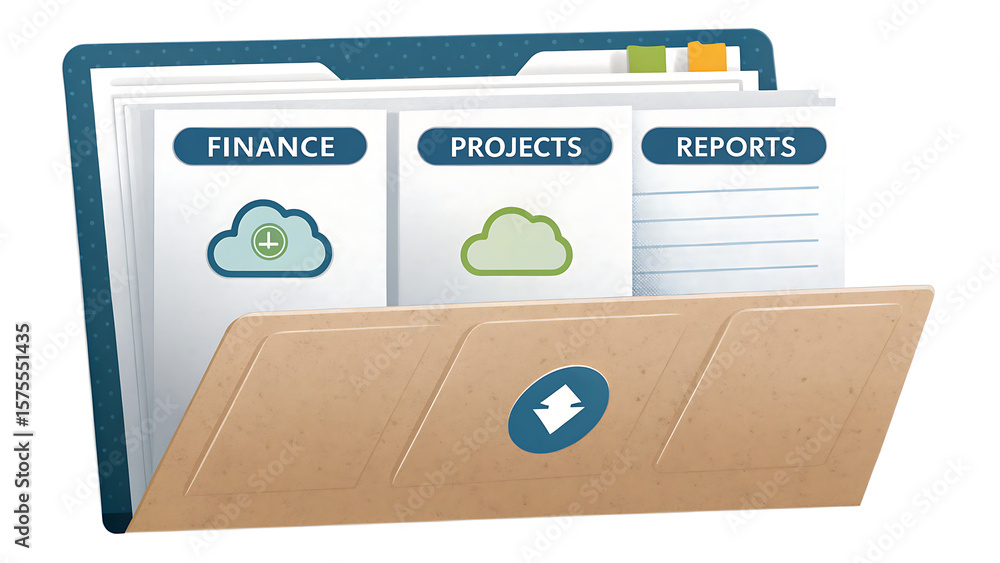 Poster illustration of a file folder with finance projects and reports documents inside on a white backgrou