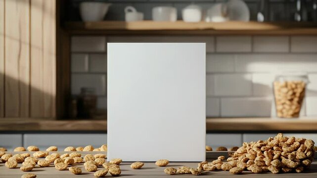 Cereal box mockup with falling cereal on kitchen counter