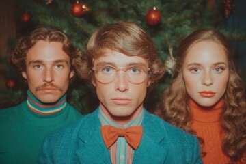 Festive gathering of stylish friends in a retro-themed holiday celebration