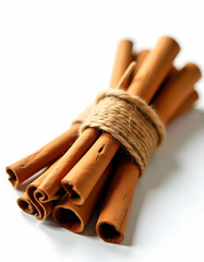 Cinnamon sticks wrapped with a rustic thread isolated on the white background