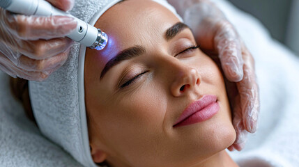 A woman in the process of a cosmetic therapy. She lies on a couch with her eyes closed. The doctor uses a laser machine to perform the procedure. Skin care and aesthetic medicine.