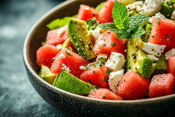 A fresh salad of watermelon slices, avocado, and feta cheese, garnished with mint. The salad is bright and appetizing, with juicy, vibrant colors. Perfect for summer meals.