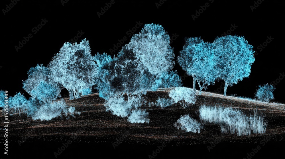 Poster digital rendering of trees and foliage on a hill.