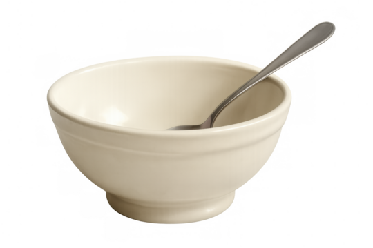 Empty white bowl with metal spoon inside, isolated on transparent background, ready for your next culinary creation