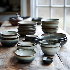 Rustic Ceramic Bowls and Dishes Collection on Wooden Table