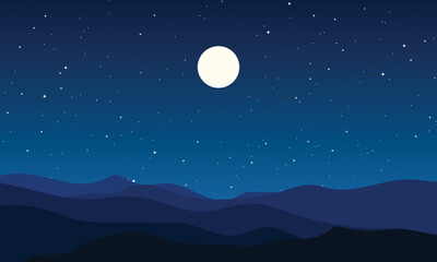 flat night landscape featuring full moon, starry, sky, and layered blue hills.