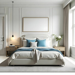 Classic interior design bedroom beige gray and blue Interior of a bedroom with cushions isolated on the white background