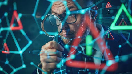 Man with magnifying glass examining network of warning signs and binary code overlayed on the screen