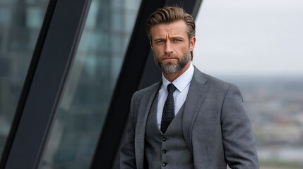 Confident Executive Man Standing by Large Glass Window