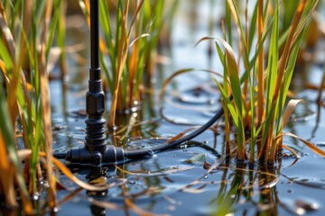Obraz premium waterproof cable installed in wetland environment for sensor networks, protected against constant moisture, surrounded by reeds and water, photorealistic natural ecosystem scene.