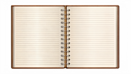 An open spiralbound notebook with lined pages and a textured brown cover, ready for writing notes and ideas, isolated on a transparent background