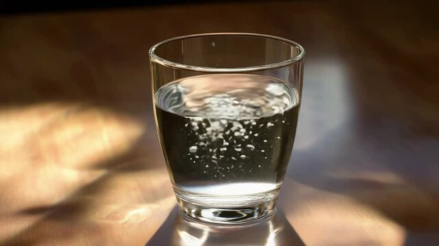 Pouring fresh water into glass on wooden table with sunlight