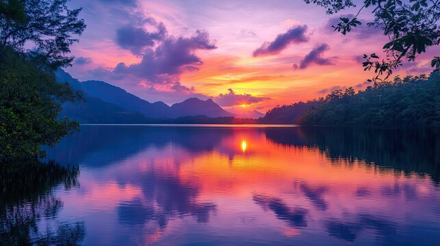 Lagoon reflecting colorful sunrise sky, tropical nature landscape for travel, peaceful scenery or destination visuals