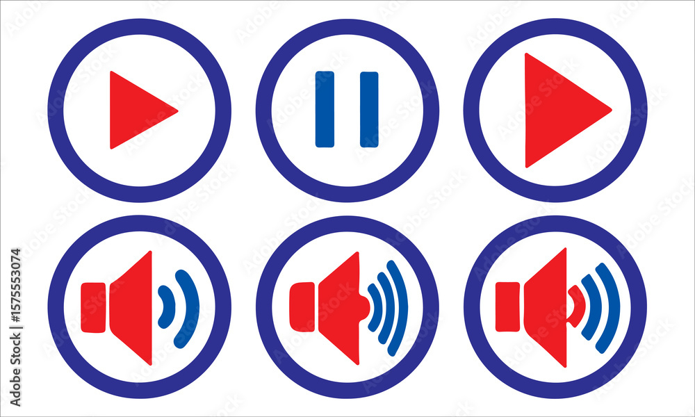 Poster glossy web set of round business stop and play media player buttons with red and blue arrow road sig