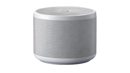 A modern, cylindrical white wireless speaker with a perforated grille and a silver top control button, isolated on a plain transparent background