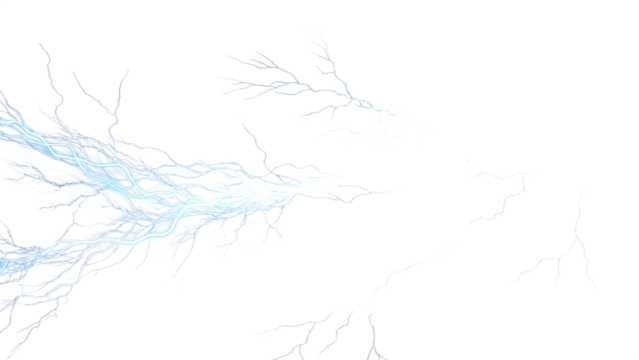 A vibrant blue lightning bolt extends from the left, branching out like an electric tree against a clean transparent background, symbolizing raw power and energy