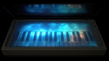 Illuminated piano keyboard displayed within a flatbed scanner.