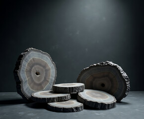 Oversized Natural Stone Slices with Raw Edges, Suspended from a Charcoal Backdrop and Backlit to Create a Glowing Halo Effect, AI-generated