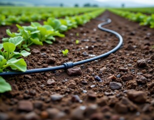 flexible waterproof cable in rainy agricultural fields, connecting soil moisture sensors, covered in wet soil and water droplets, photorealistic farm environment.
