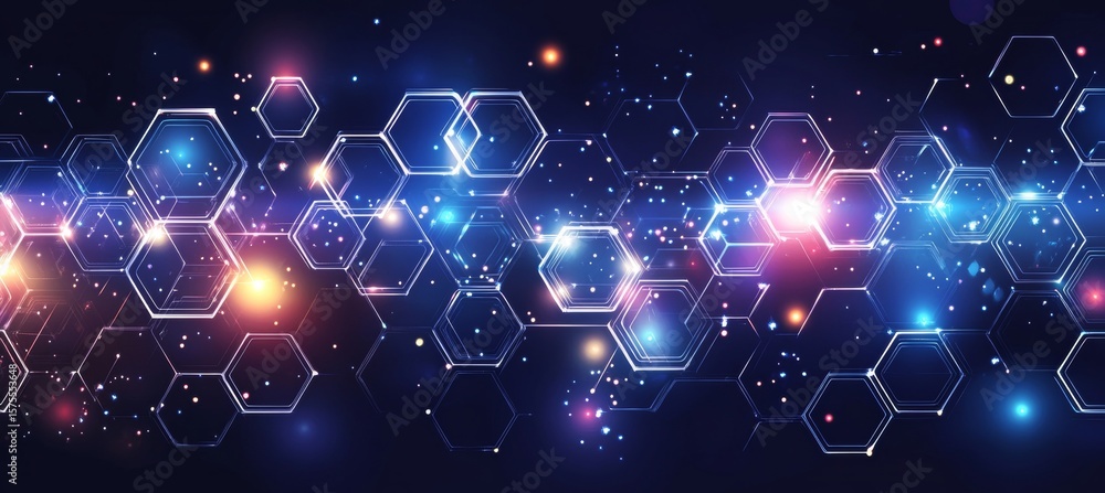 Aufkleber futuristic sci-fi network structure featuring neon hexagonal grid and dynamic connection lines