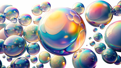 A collection of iridescent, colorful bubbles float and shimmer, reflecting light in a mesmerizing display of abstract beauty isolated on transparent background
