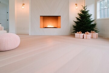 Cozy winter evening with a warm fire and festive decorations in a modern home