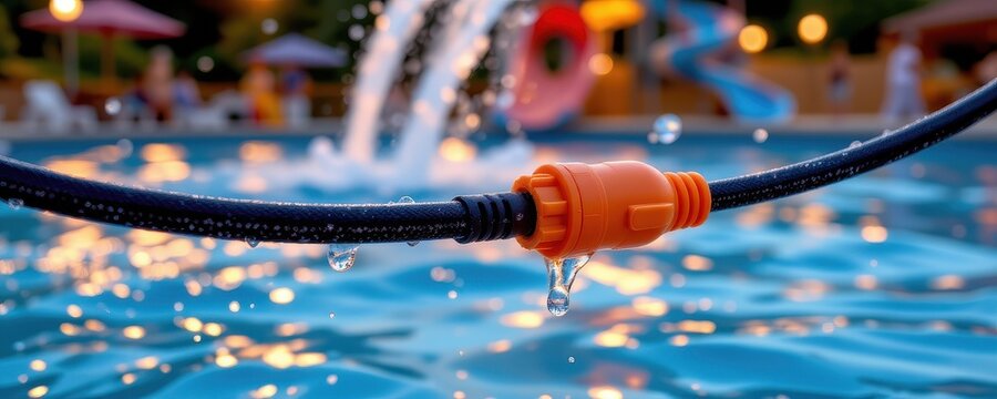 waterproof cable used in outdoor water parks for lighting and sensors, resistant to splashing and chlorinated water, flexible and insulated, photorealistic recreational scene.