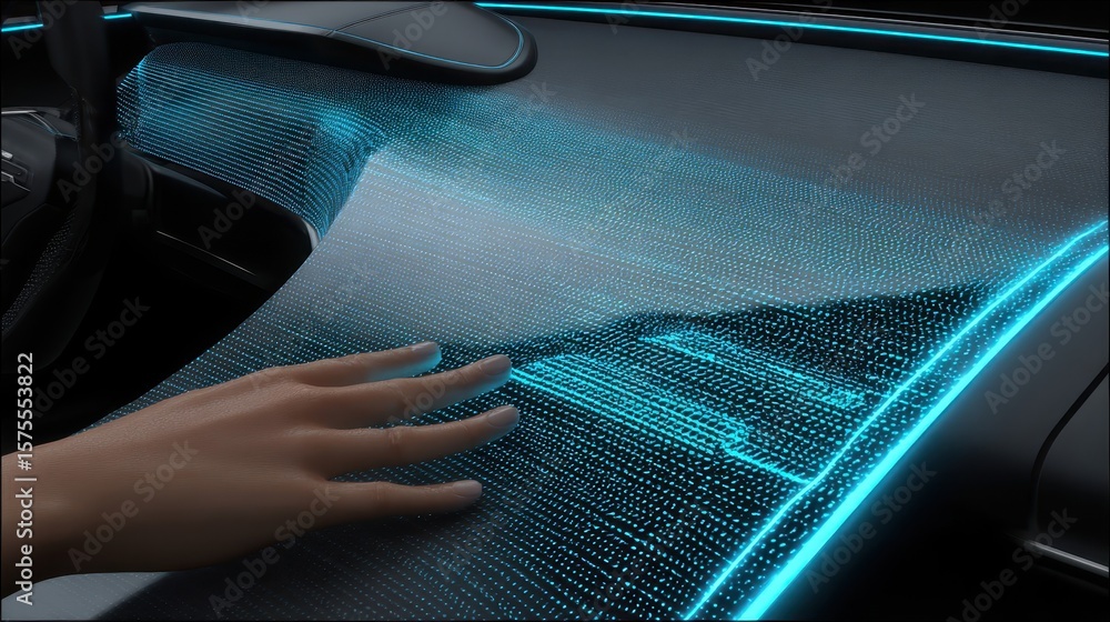 Poster futuristic car dashboard with interactive display.