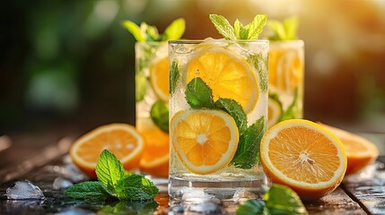 Lemonade with mint and citrus slices on rustic table, refreshing summer drink scene for lifestyle or beverage ad