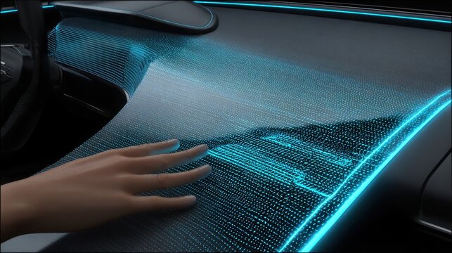 Futuristic car dashboard with interactive display.
