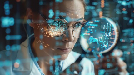 Woman in lab coat with glasses looking at digital display with geometric patterns and data visualizations