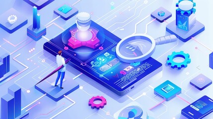 Isometric illustration of a man analyzing data on a smartphone with a magnifying glass and gears