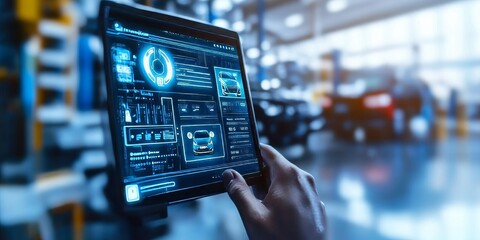 Futuristic Electric Vehicle Diagnostics on Tablet at Automated Workshop for Advanced Repairs