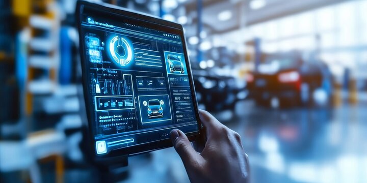 Futuristic Electric Vehicle Diagnostics on Tablet at Automated Workshop for Advanced Repairs