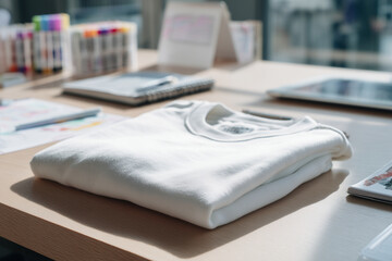 Folded white t-shirt mockup on designer's desk with markers and sketchbooks. Great for printing and branding visuals.