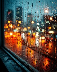 Raindrops streak down a windowpane, blurring the glowing city lights into an abstract dance of warmth and solitude — a poetic pause in the urban rhythm.