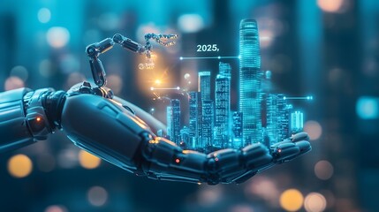 Robotic hand holding a futuristic cityscape with rising economic graphs