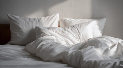 White pillows and blanket on bed in soft morning light. Cozy fabric mockup for bedding or home textile branding.