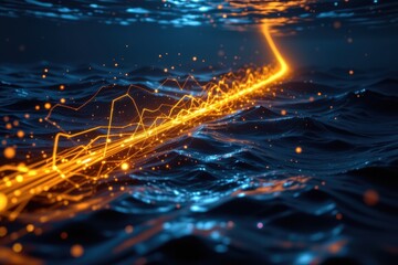 underwater internet cable stretching across atlantic ocean, glowing light pulses flowing inside fibers, connecting continents with invisible data highways beneath waves.