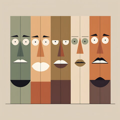 Vertical Banner of Five Minimalist Geometric Faces in Retro Clay Tones, AI-generated