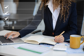 Businessman using tablet to do online checklist survey, doing assessment online survey answer test...