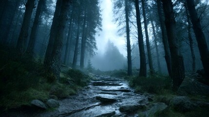 Obraz premium Mysterious Dark Woodland Trail Disappearing into Thick Mist for Nature Photography Exploration