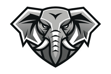 Monochrome elephant head features an angry face, set in a geometric emblem with solid style