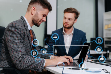 Digital transformation technology strategy, Person using laptop, tablet and smartphone with of...
