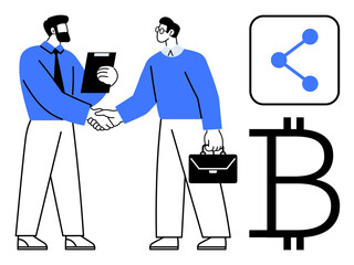 Two businessmen shaking hands, one holding a briefcase, Bitcoin symbol, and a digital sharing icon. Ideal for teamwork, cryptocurrency, collaboration, business deals, networking finance simple