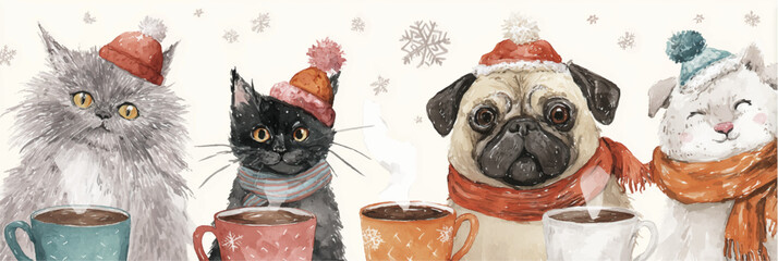Vector illustration. Dogs and Cats wearing cute Christmas accessories, watercolor paint
